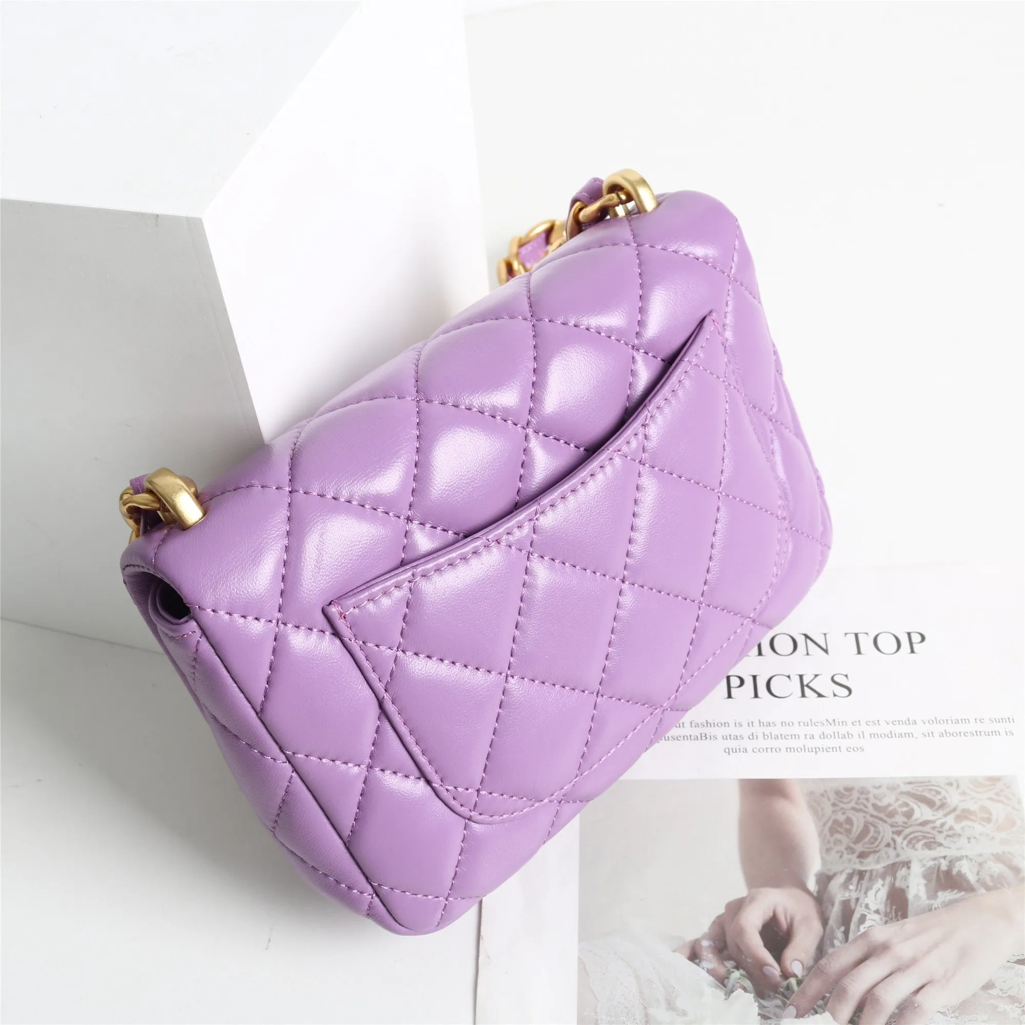 Leather Chunky Chain Flap Bag Quilted Lameskin Mini