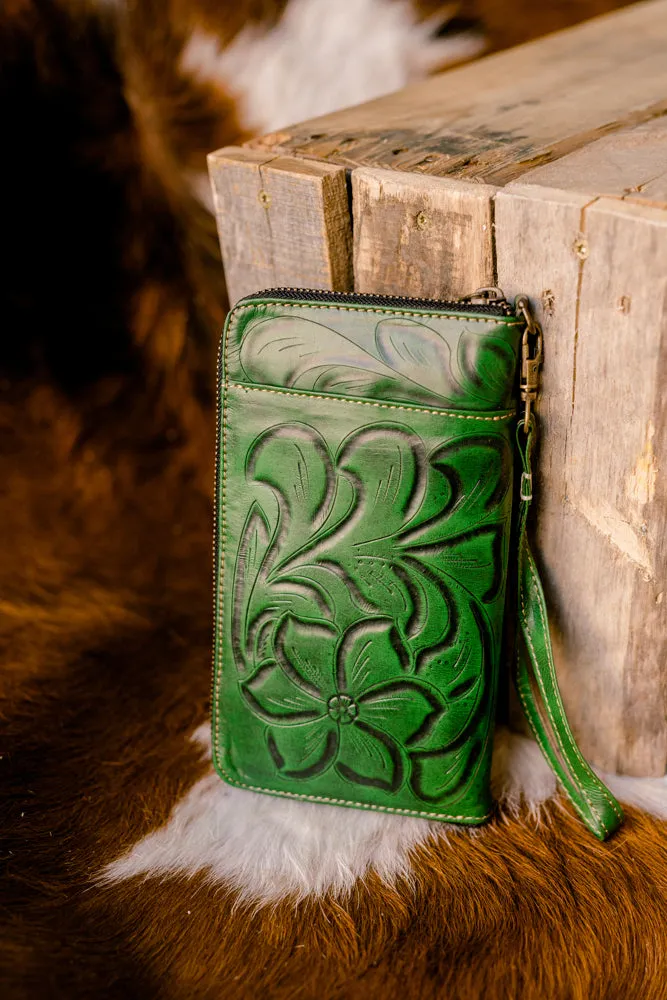 Malia Tooled Leather Organized Wristlet [Forrest]