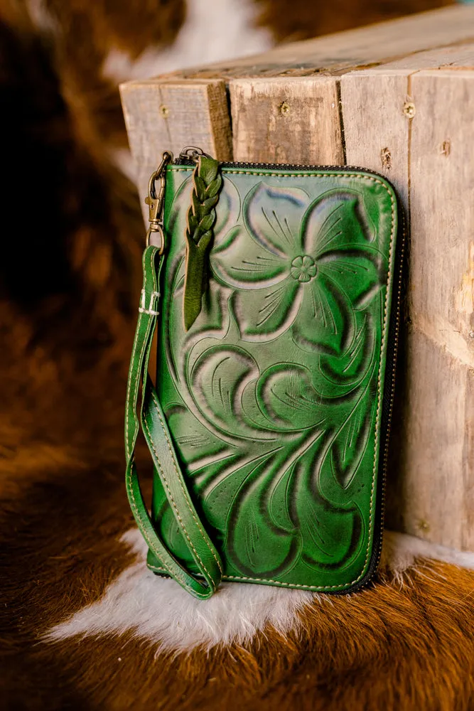 Malia Tooled Leather Organized Wristlet [Forrest]