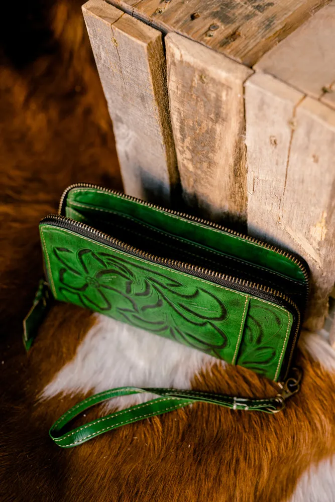 Malia Tooled Leather Organized Wristlet [Forrest]