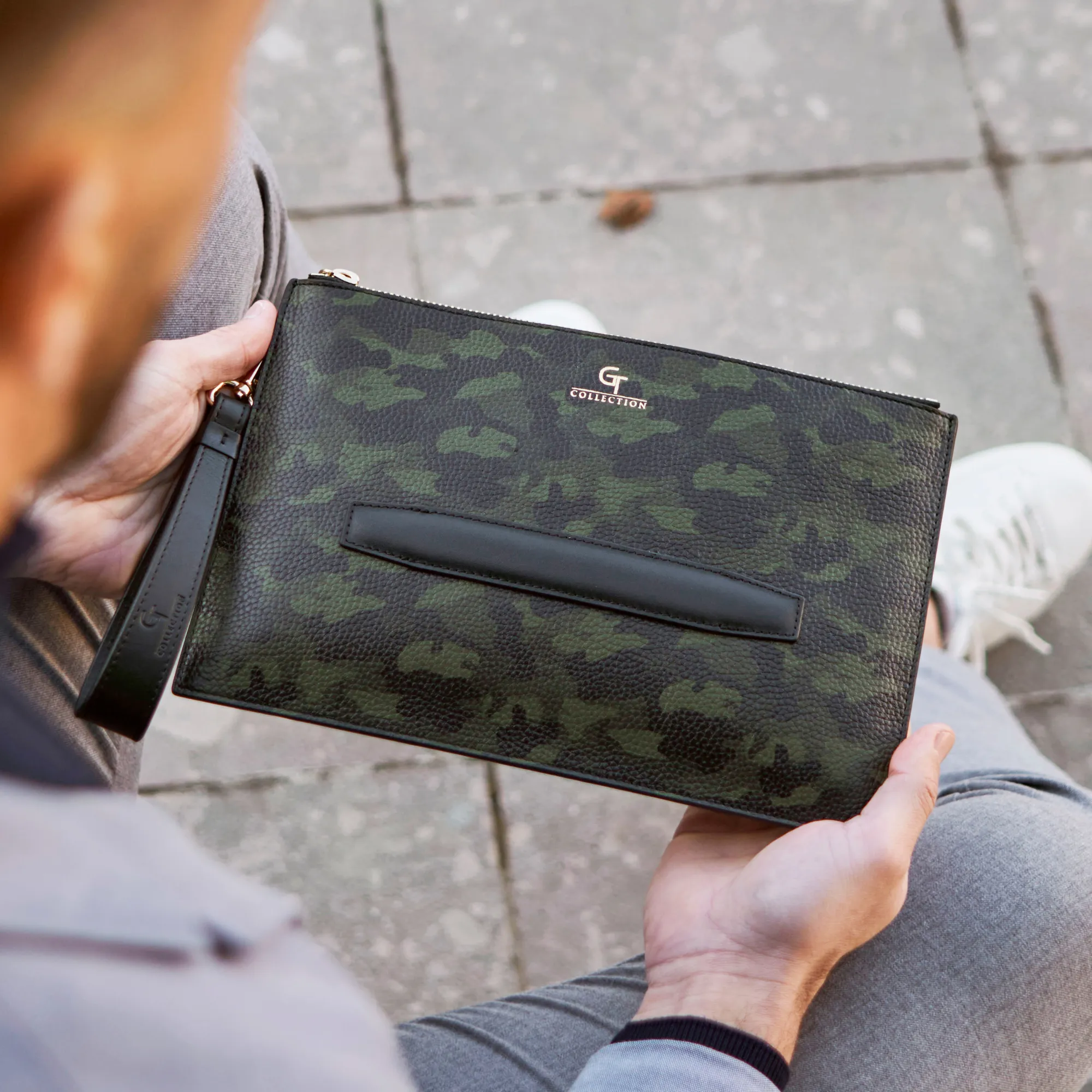 Men's Leather Hand Bag - Green Camouflage with golden details