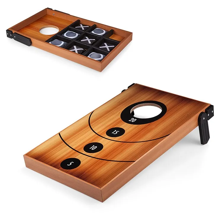 Mini Bean Bag Throw Game, Wood Grain with Bean Bag Toss and Tic Tac Toe Designs