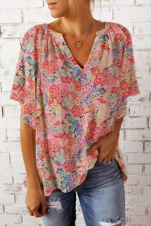 Multicolor Gorgeous Notch V Neck Short Sleeve Floral Blouse