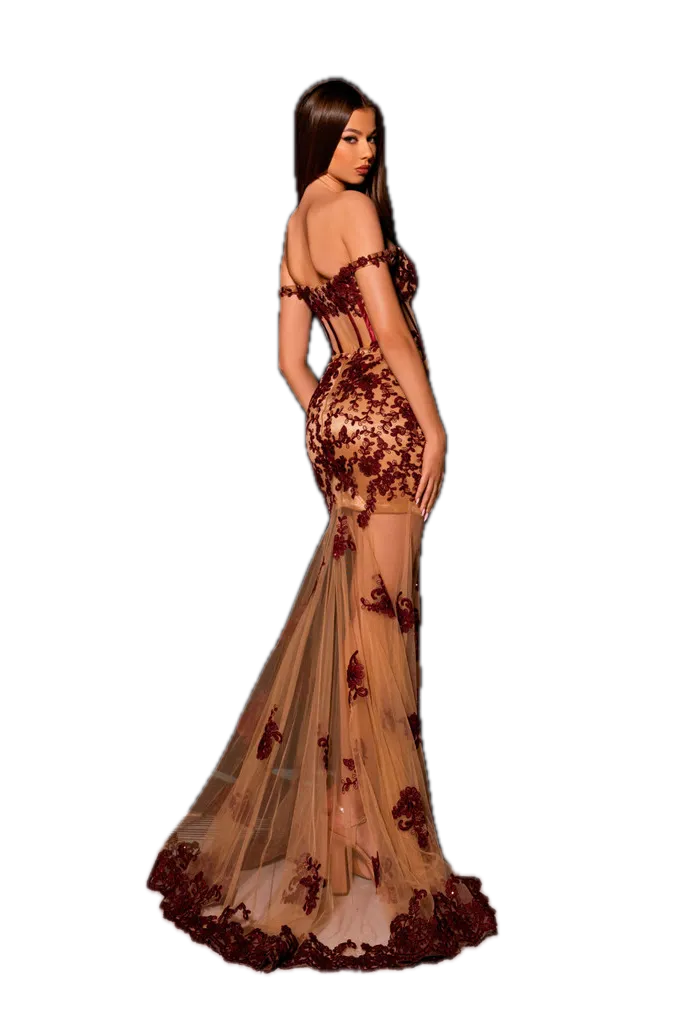 Nicoletta NC2007 Off-the-Shoulder Gown with Lace Appliqué in Maroon/Nude