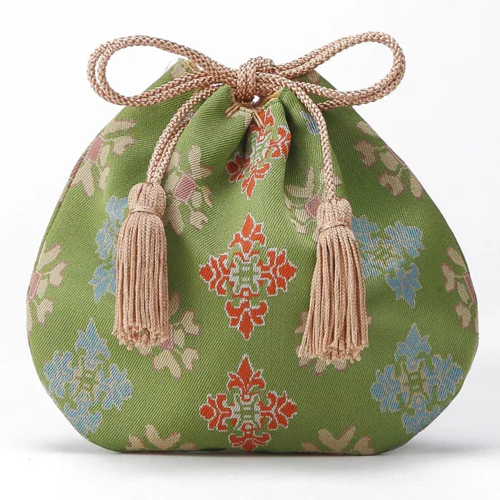 Nishijin-ori Small Drawstring Bag - Flower / Green -,  Made in Kyoto, Japan,  Japanese traditional craft purse