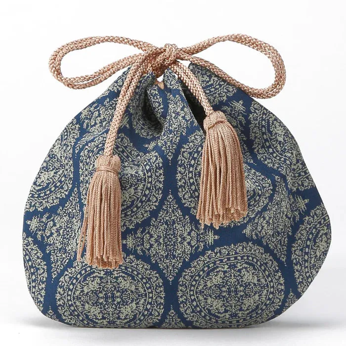 Nishijin-ori Small Drawstring Bag - Hunting Scene / Navy Blue -,  Made in Kyoto, Japan,  Japanese traditional craft purse