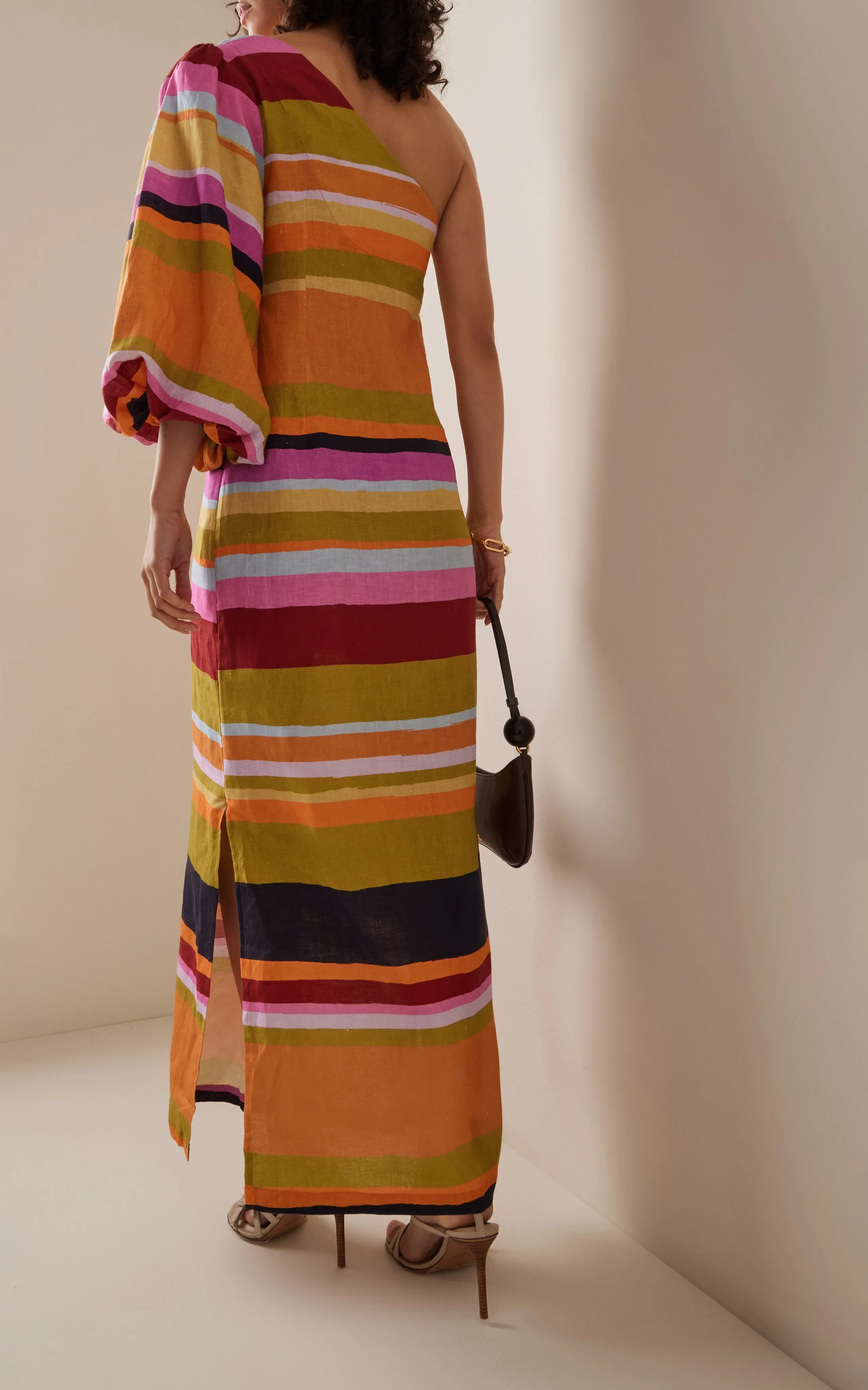 One Shoulder Multicolor Stripe Printed Maxi Dress