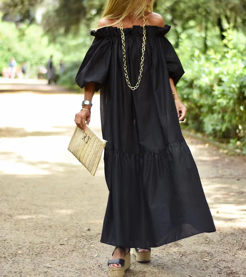 One-shoulder Puffy Sleeves Maxi Dress