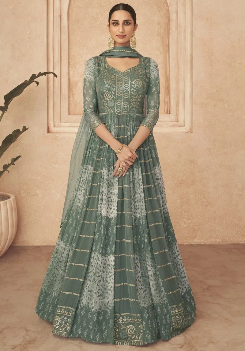 Party Wear Embroidered Green One Piece Dress With Net Dupatta