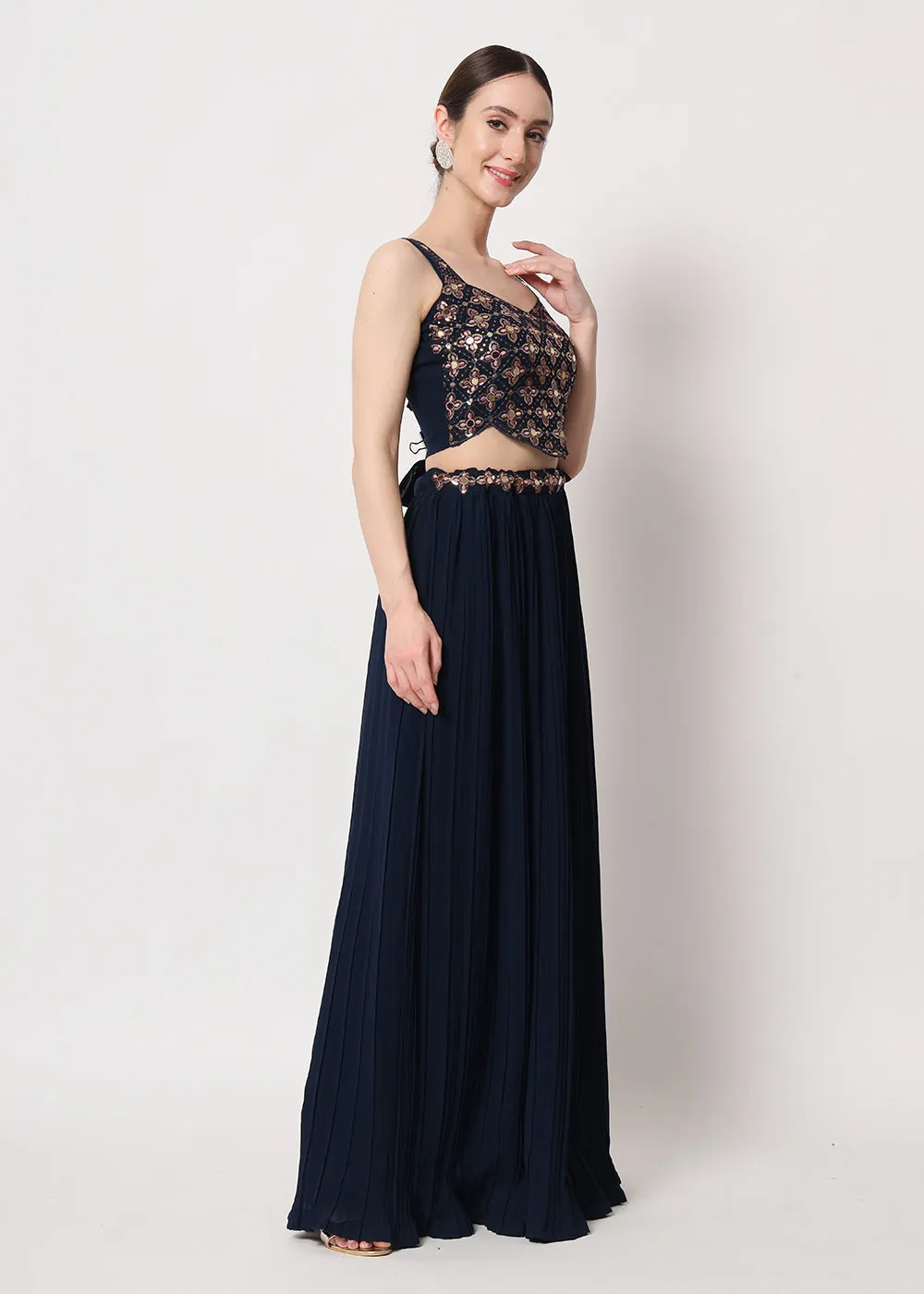 Party Wear Stunning Navy Blue Georgette Crushed Lehenga Choli