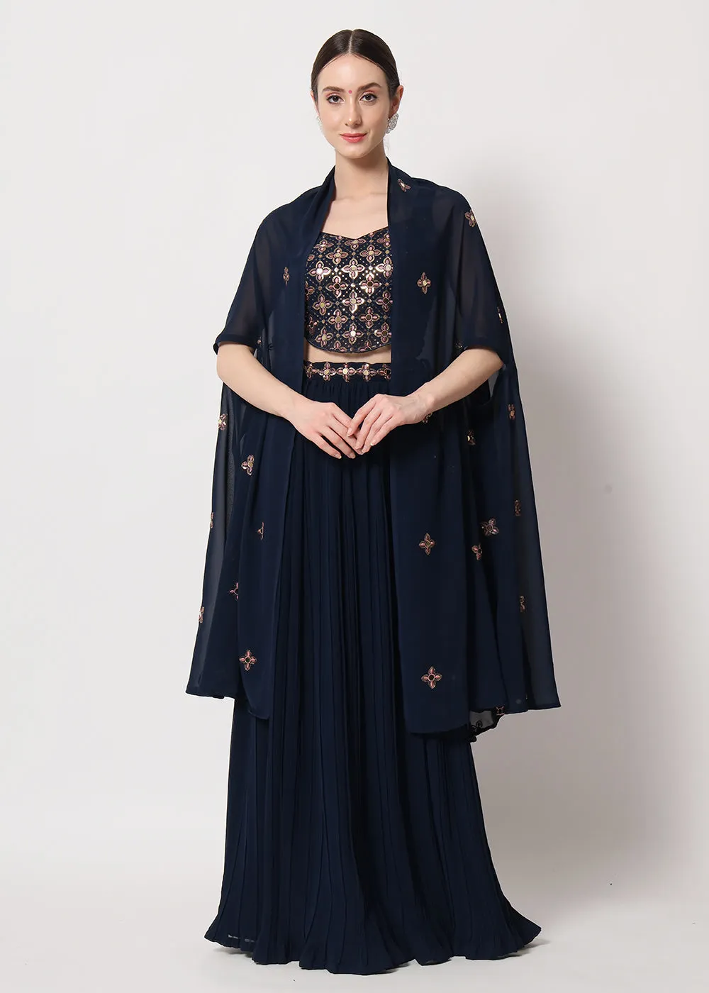 Party Wear Stunning Navy Blue Georgette Crushed Lehenga Choli