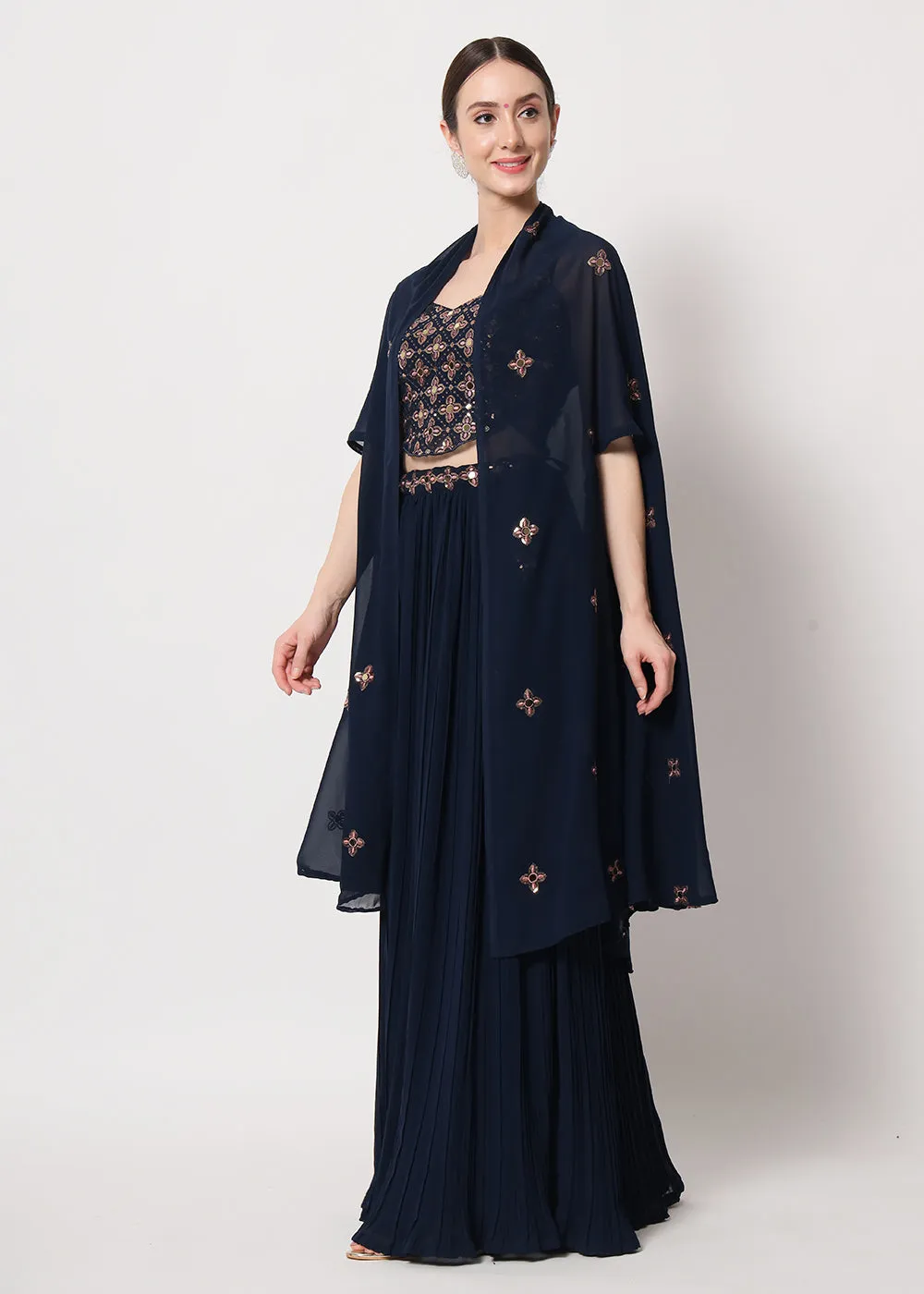 Party Wear Stunning Navy Blue Georgette Crushed Lehenga Choli