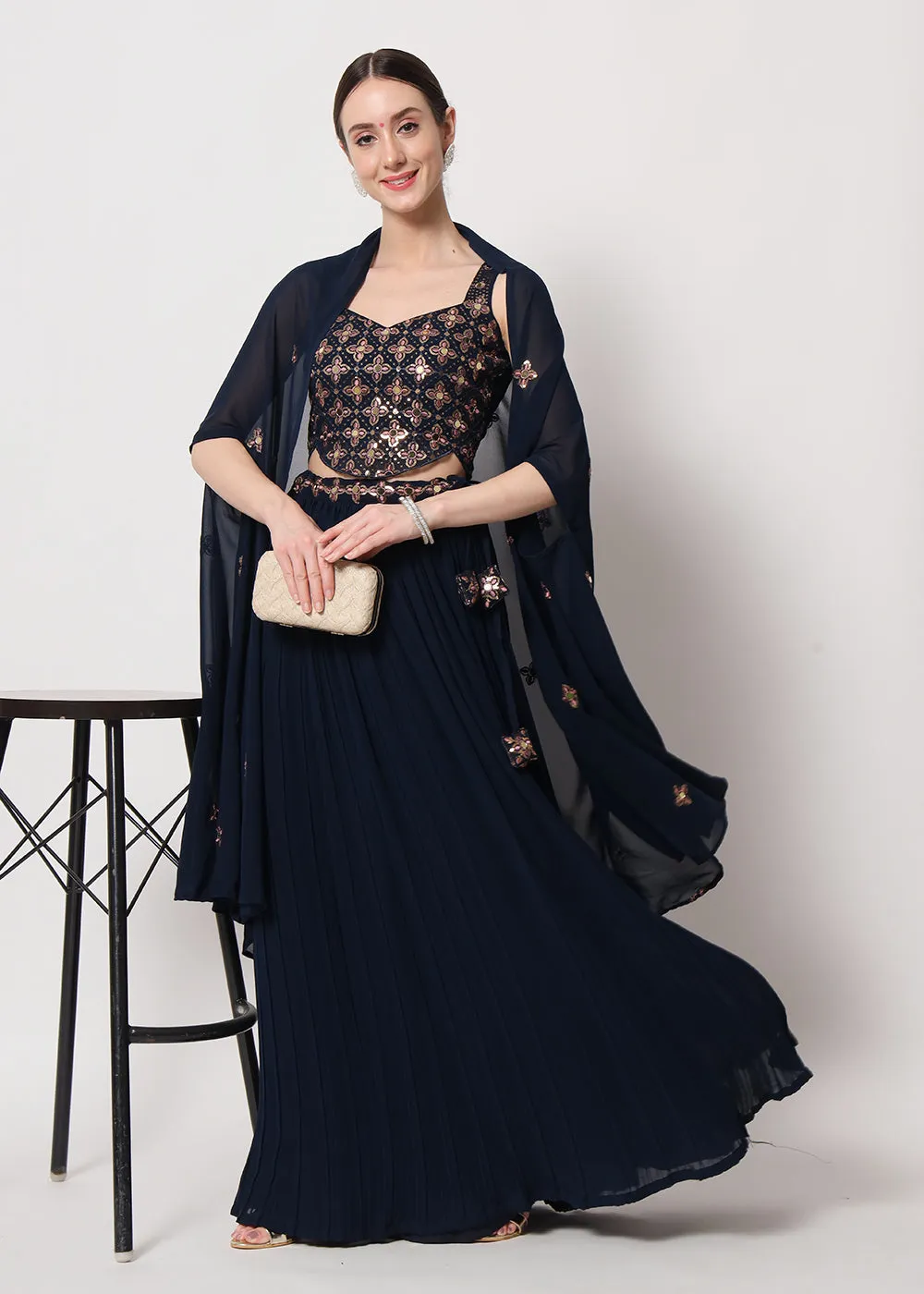 Party Wear Stunning Navy Blue Georgette Crushed Lehenga Choli