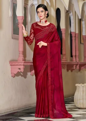 Party Wear Stunning Red Embroidered Fancy Silk Saree