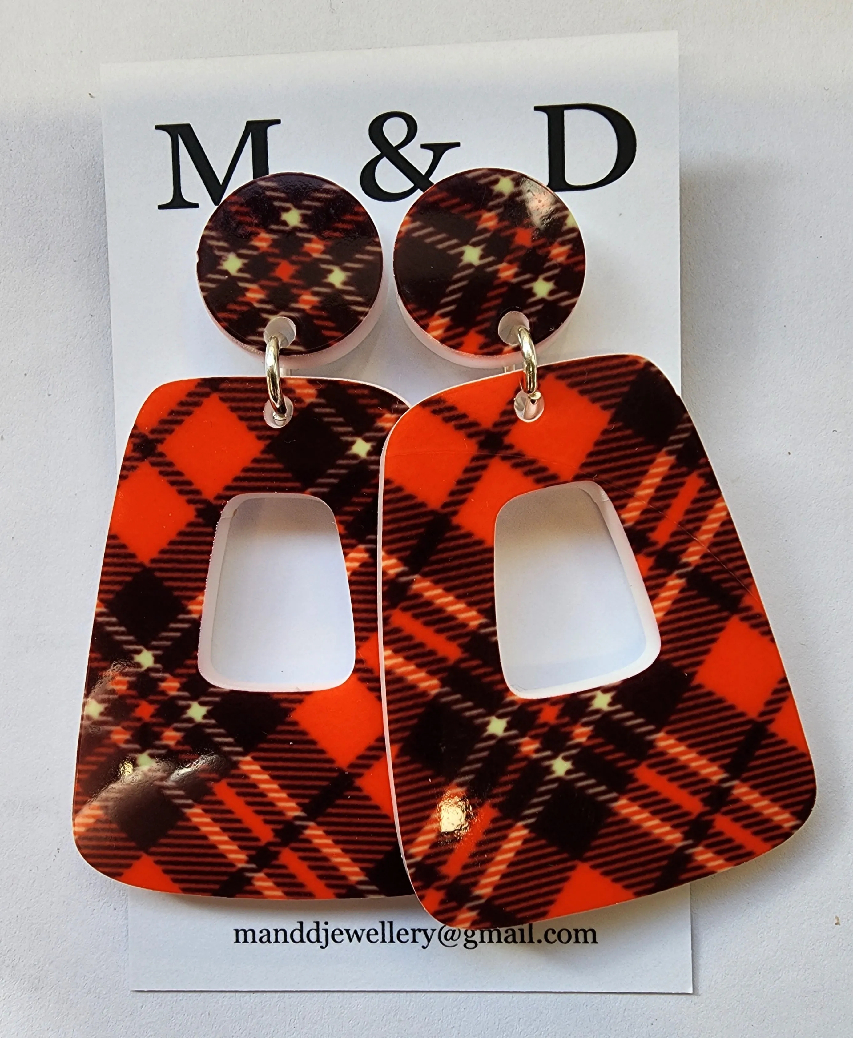 Patterned Tartan Jelly Block Stud Dangle Earrings