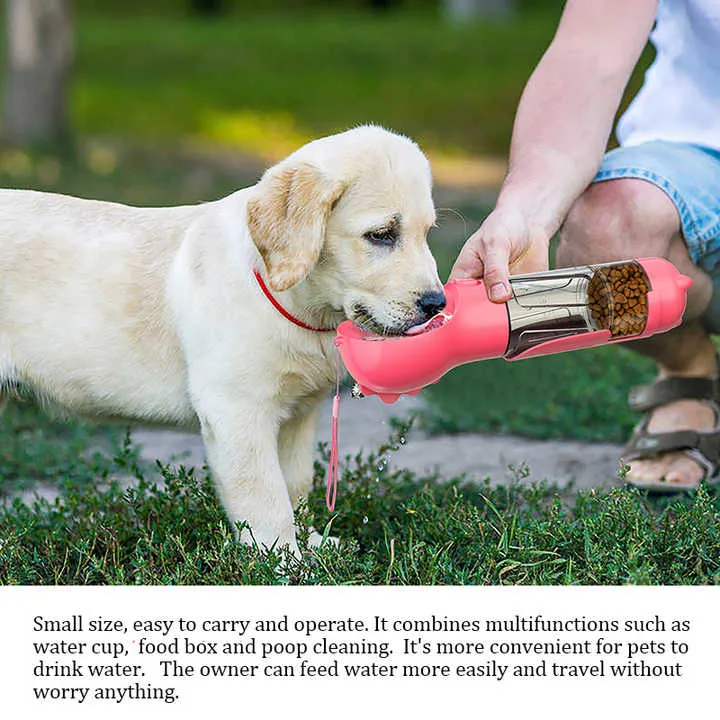 Pink 500ml Portable Pet Water Bottle | Multifunctional Travel Pet Feeder | Outdoor Dog Drinking Bottle with Waste Shovel