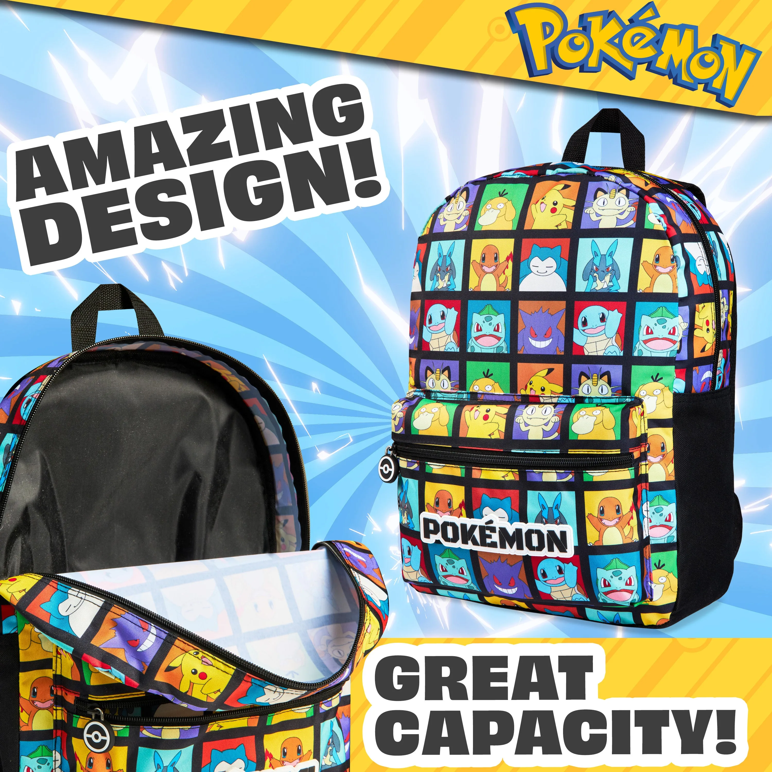 Pokemon Kids Backpack with Water Bottle Pocket for School, Sports, Travel - Anime Gifts