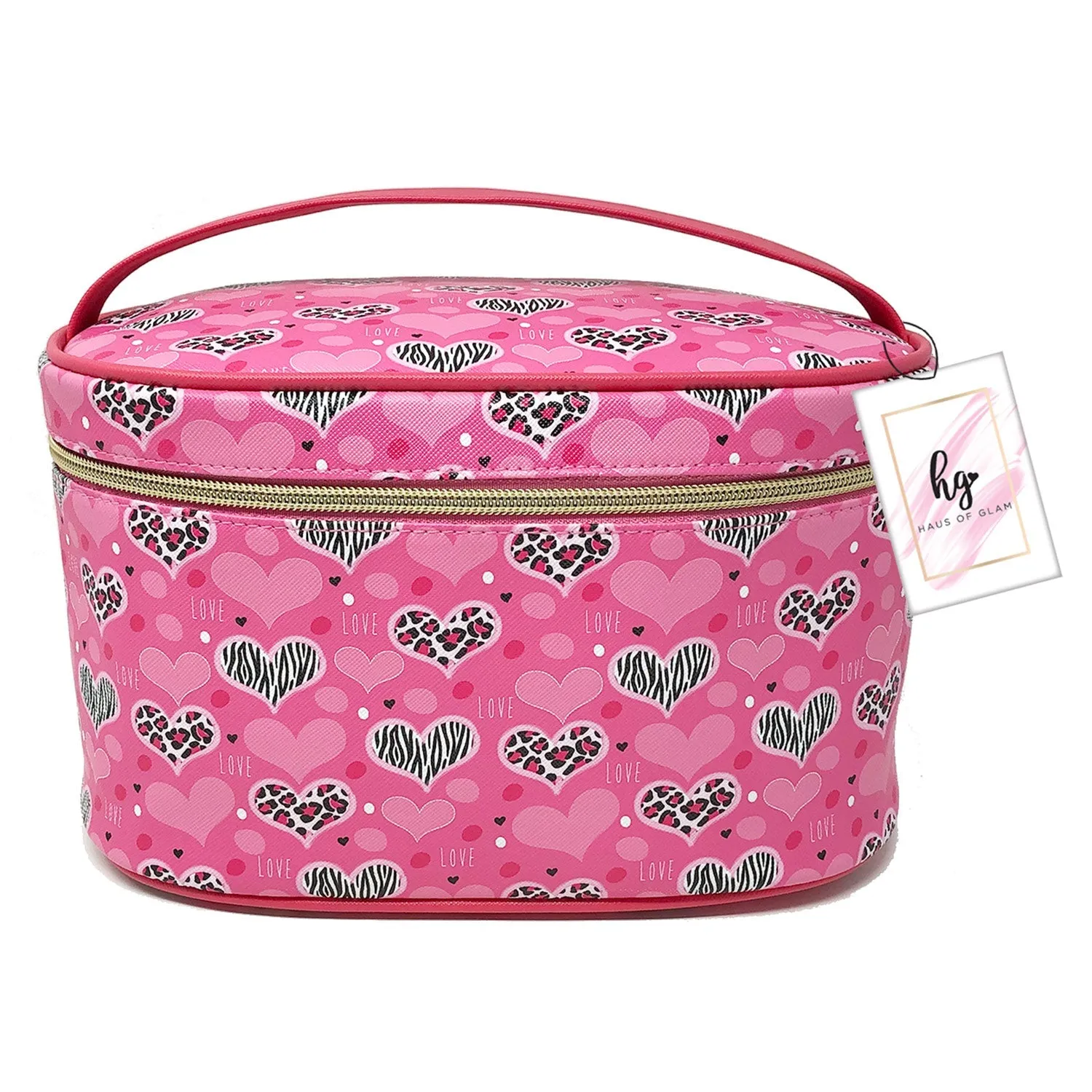 PREMIUS Cosmetic bag with Top Handle & Gold Metal Zipper, Cheetah Heart Print, 10x7x6 Inches