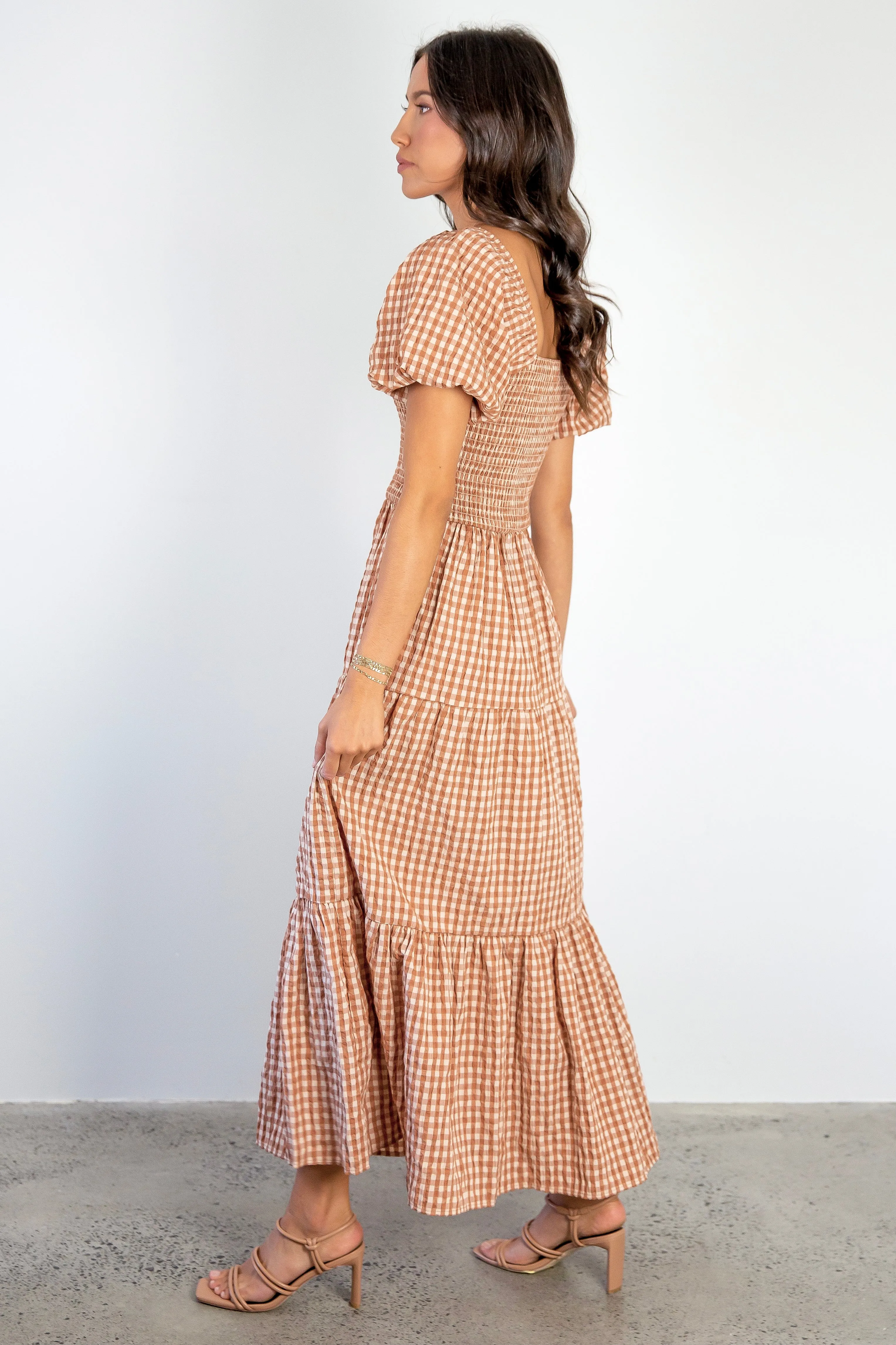 Raven Caramel Cotton Check Square Neck Bubble SS Tiered Midi Dress