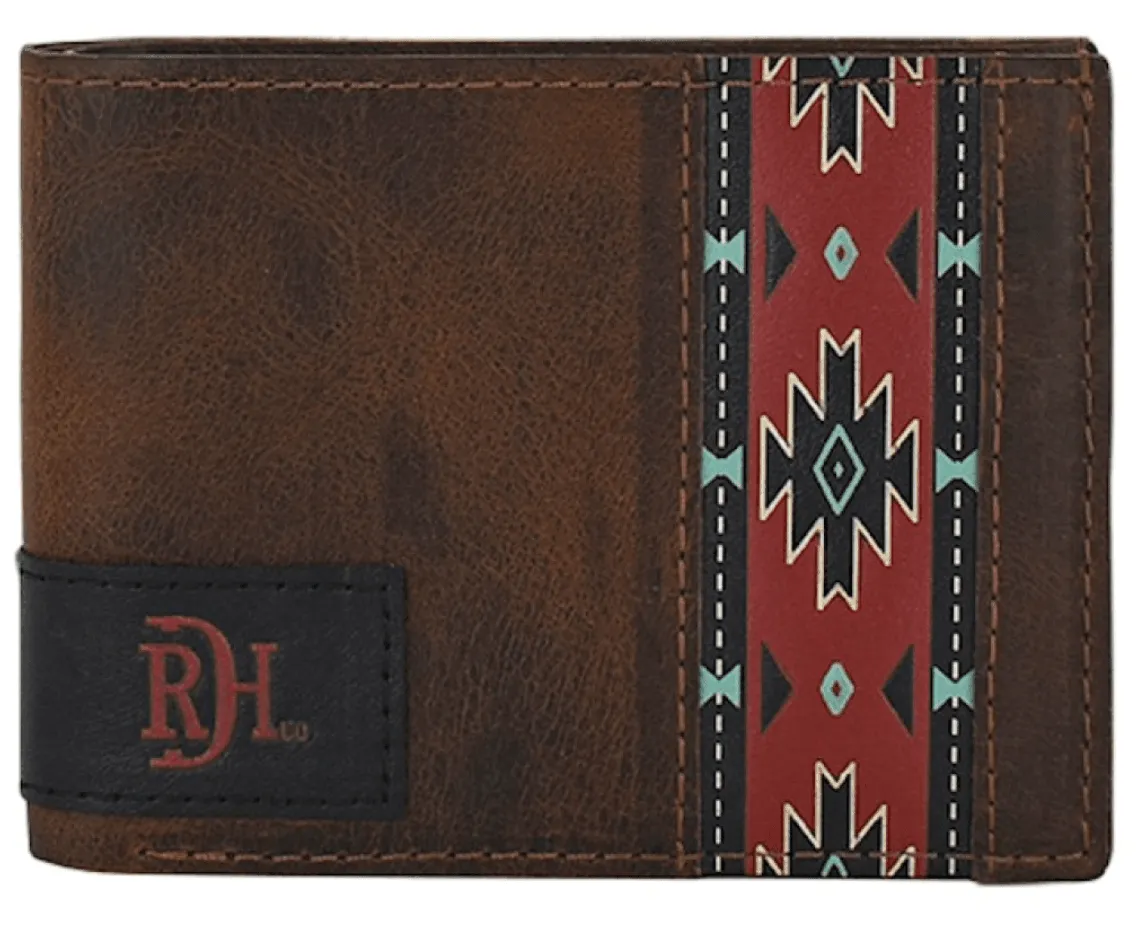 Red Dirt Hat Co. Brown Antique Oiled Tooled Red Aztec Leather Bifold Wallet 24068881W2