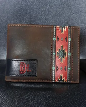 Red Dirt Hat Co. Brown Antique Oiled Tooled Red Aztec Leather Bifold Wallet 24068881W2