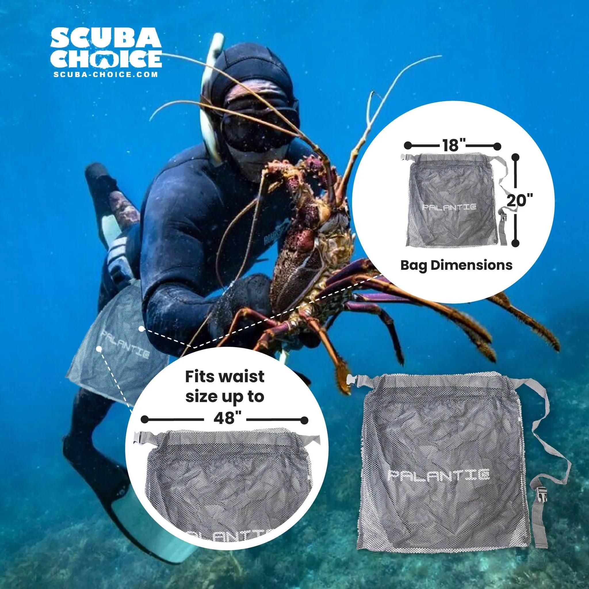 Spearfishing Palantic Large Fish Lobster Catch Bag 20" x 18" with Waist Strap