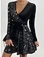 Stunning Black Velvet V Neck Sequin Mini Dress