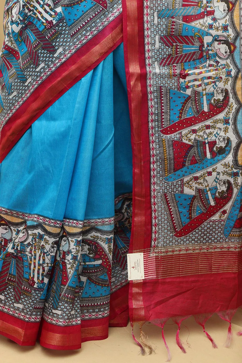 Stunning Blue Madhubani Digital Printed Cotton Silk Saree