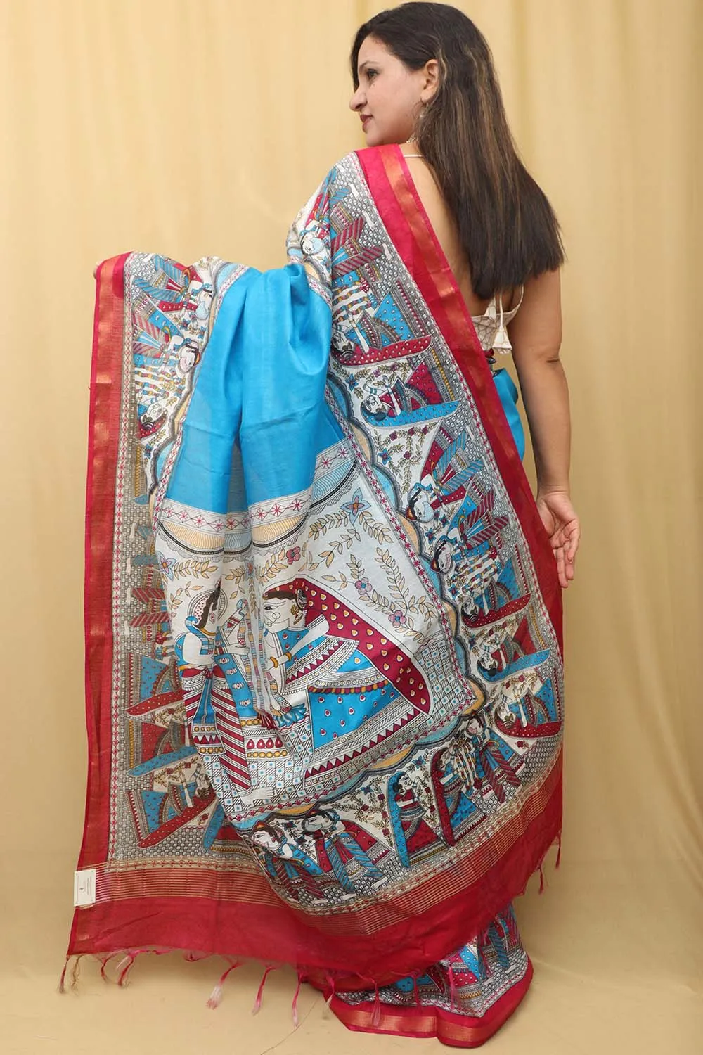 Stunning Blue Madhubani Digital Printed Cotton Silk Saree