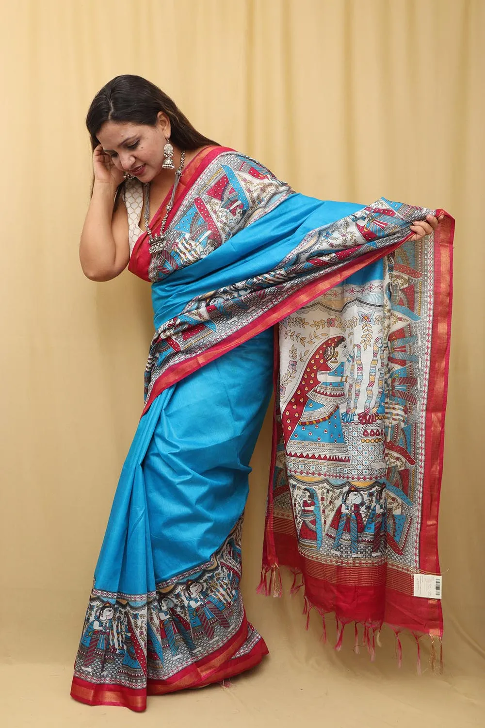 Stunning Blue Madhubani Digital Printed Cotton Silk Saree