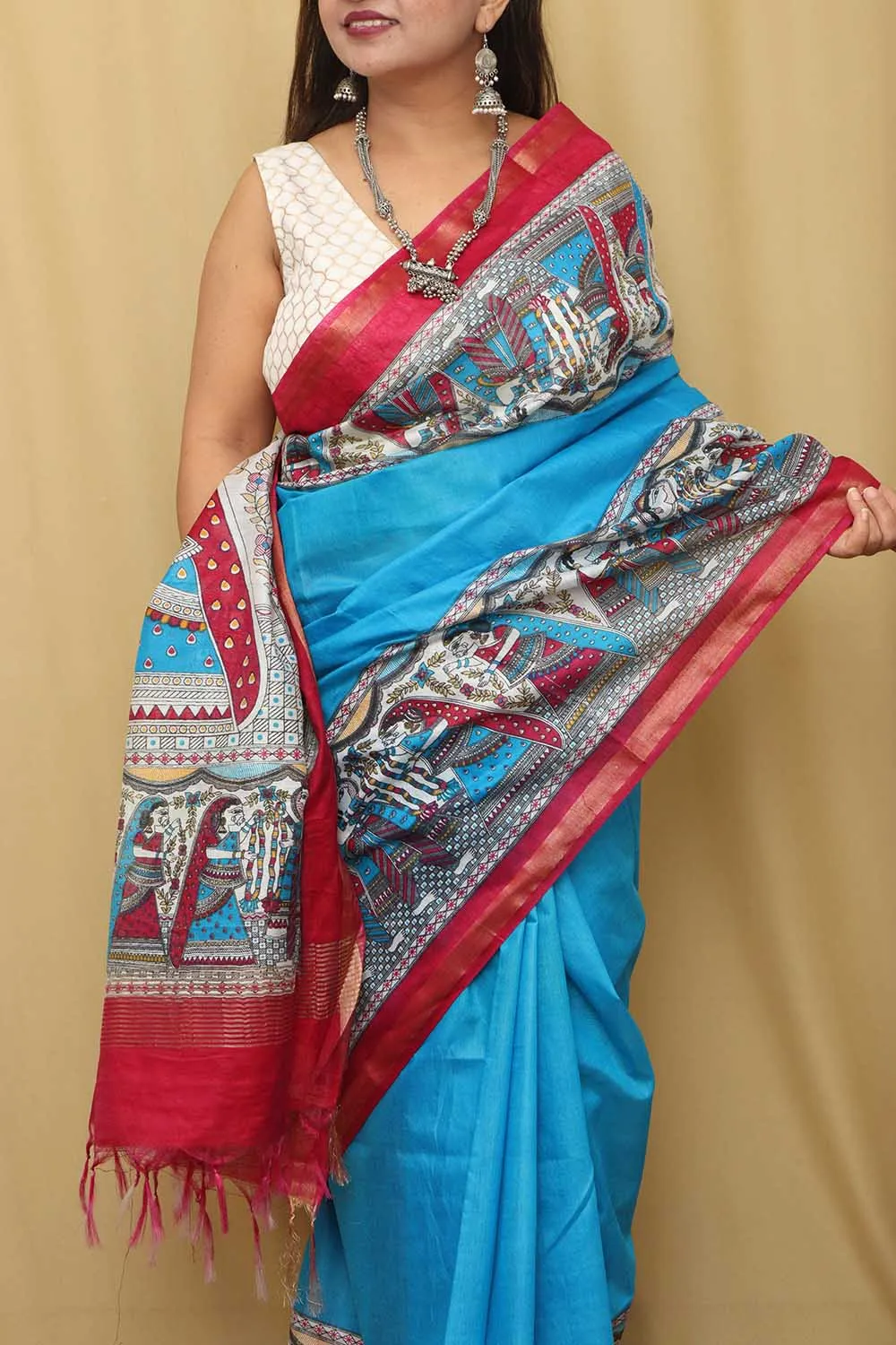 Stunning Blue Madhubani Digital Printed Cotton Silk Saree