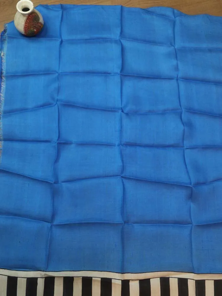 Stunning Blue Murshidabad Silk Saree with Hand Painted Design