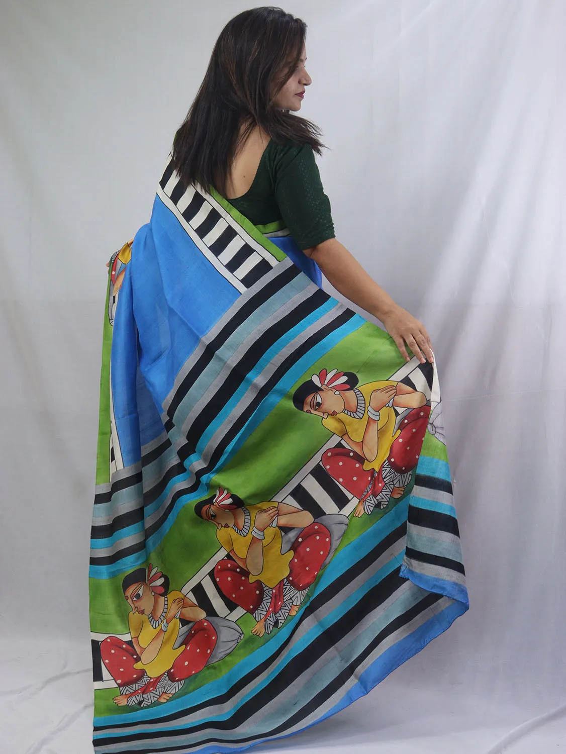 Stunning Blue Murshidabad Silk Saree with Hand Painted Design