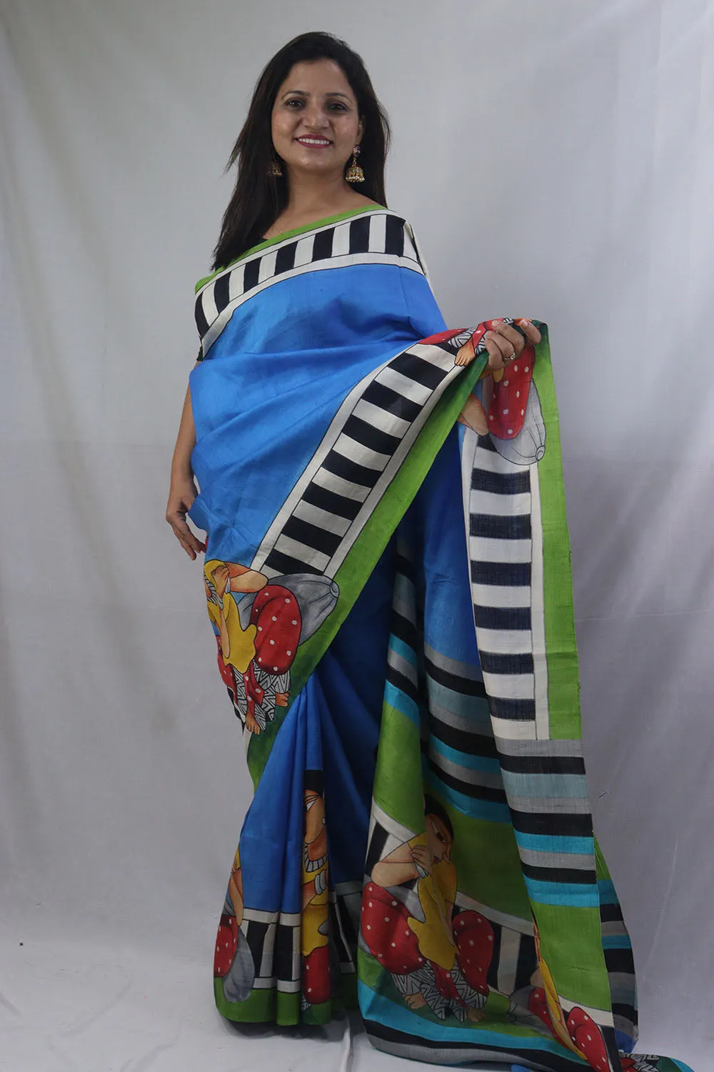 Stunning Blue Murshidabad Silk Saree with Hand Painted Design