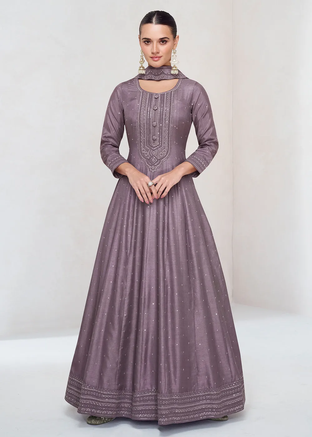 Stunning Dusty Purple Silk Embroidered Wedding Anarkali Gown