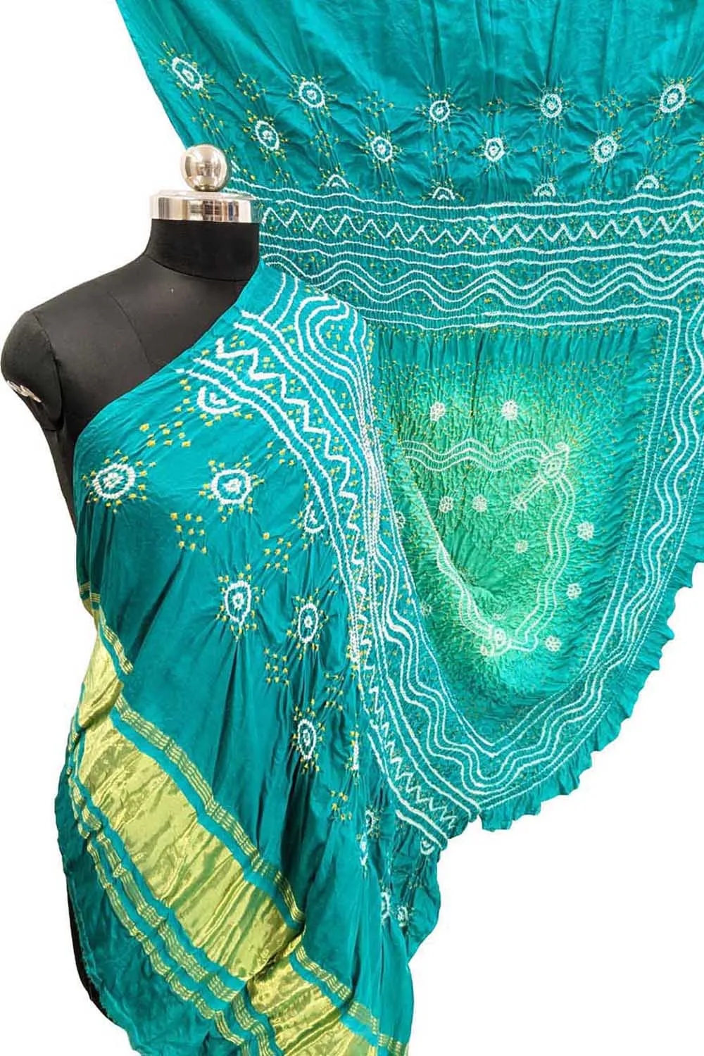 Stunning Green & Blue Bandhani Gajji Silk Dupatta