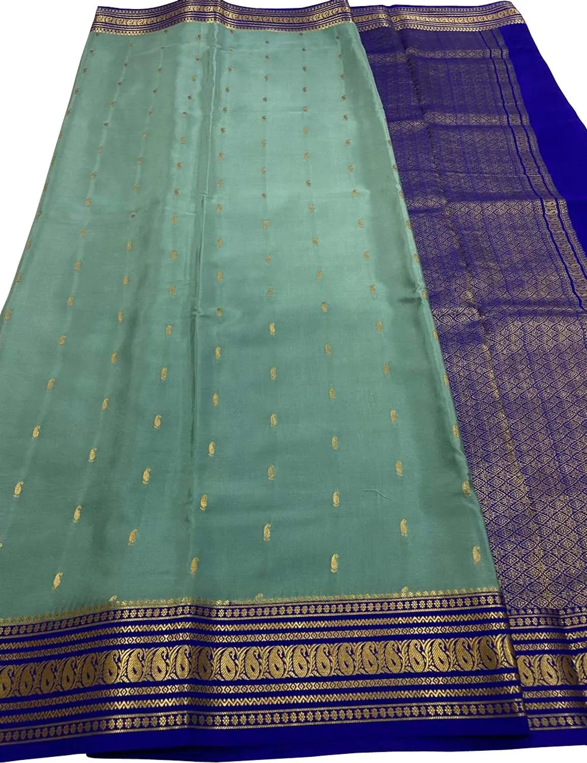 Stunning Green & Blue Handloom Mysore Crepe Silk Saree