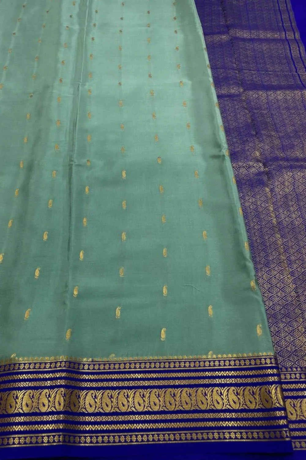 Stunning Green & Blue Handloom Mysore Crepe Silk Saree