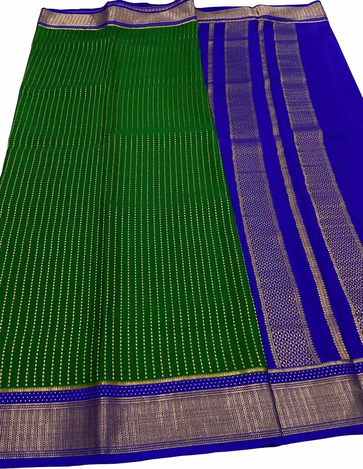 Stunning Green & Blue Mysore Crepe Silk Saree