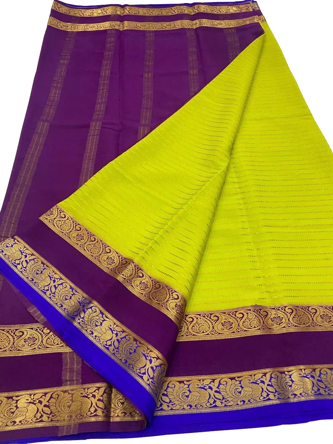 Stunning Green & Purple Mysore Handloom Crepe Silk Saree