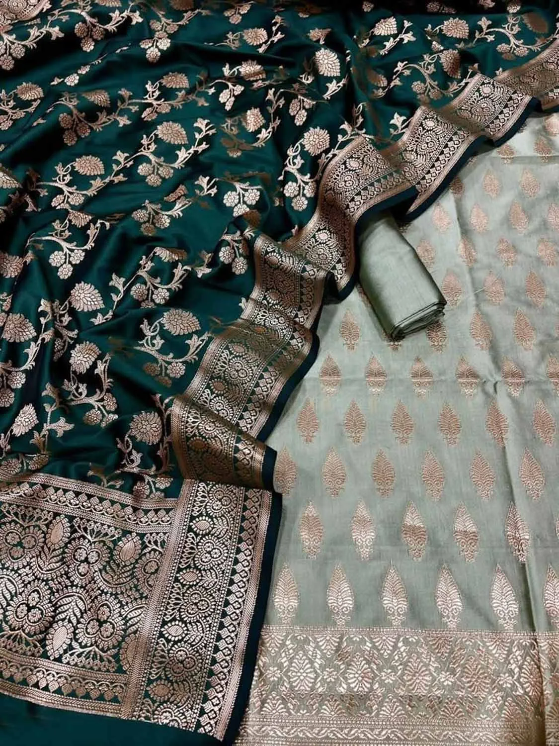 Stunning Green Banarasi Silk 3-Piece Unstitched Suit Set