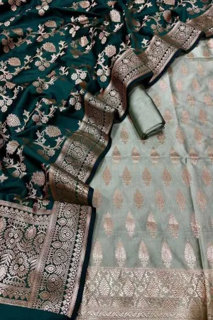 Stunning Green Banarasi Silk 3-Piece Unstitched Suit Set