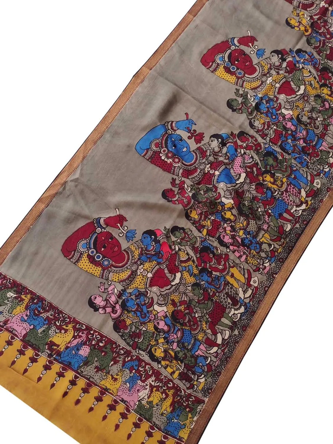 Stunning Grey Kalamkari Hand Painted Bangalore Silk Dupatta