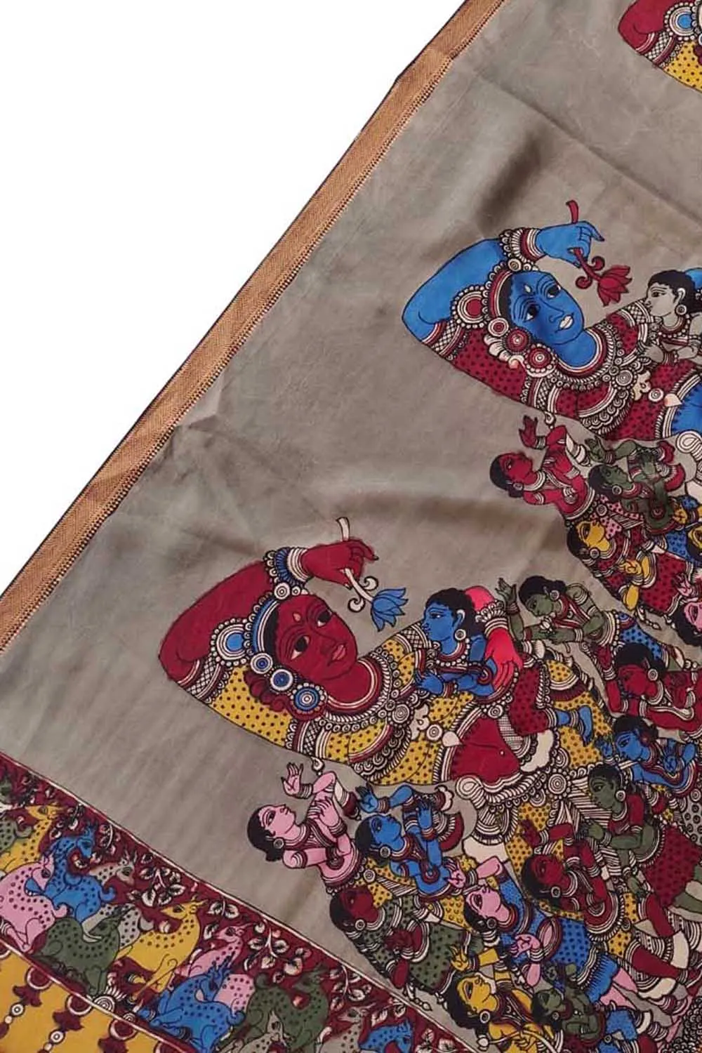 Stunning Grey Kalamkari Hand Painted Bangalore Silk Dupatta