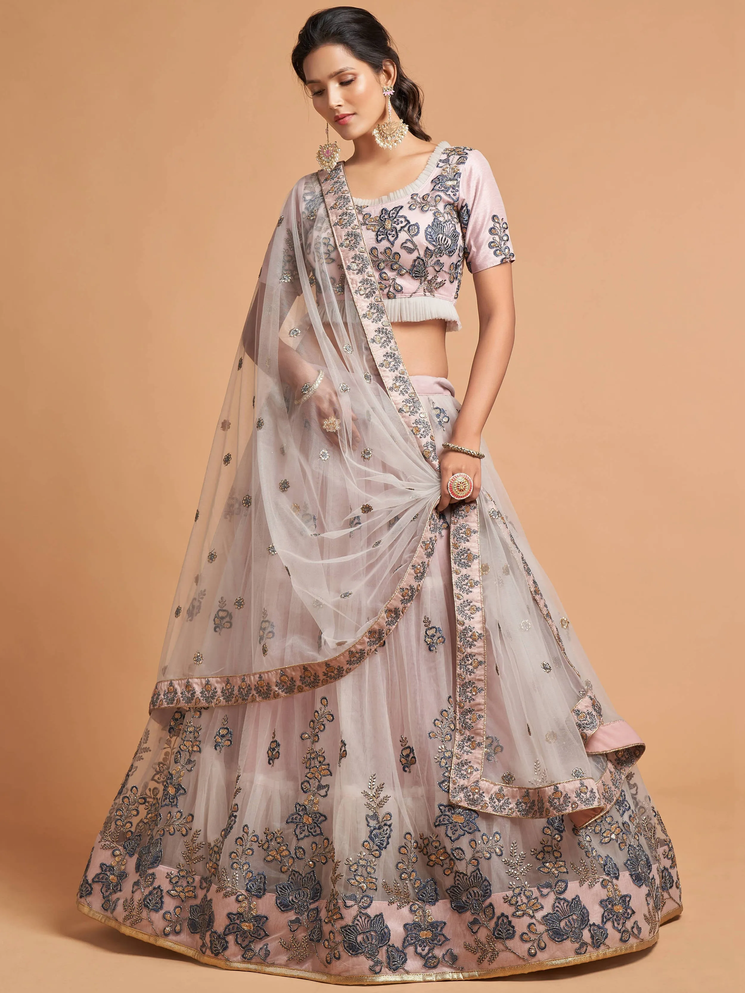 Stunning Grey Zari Embroidered Net Wedding Wear Lehenga Choli