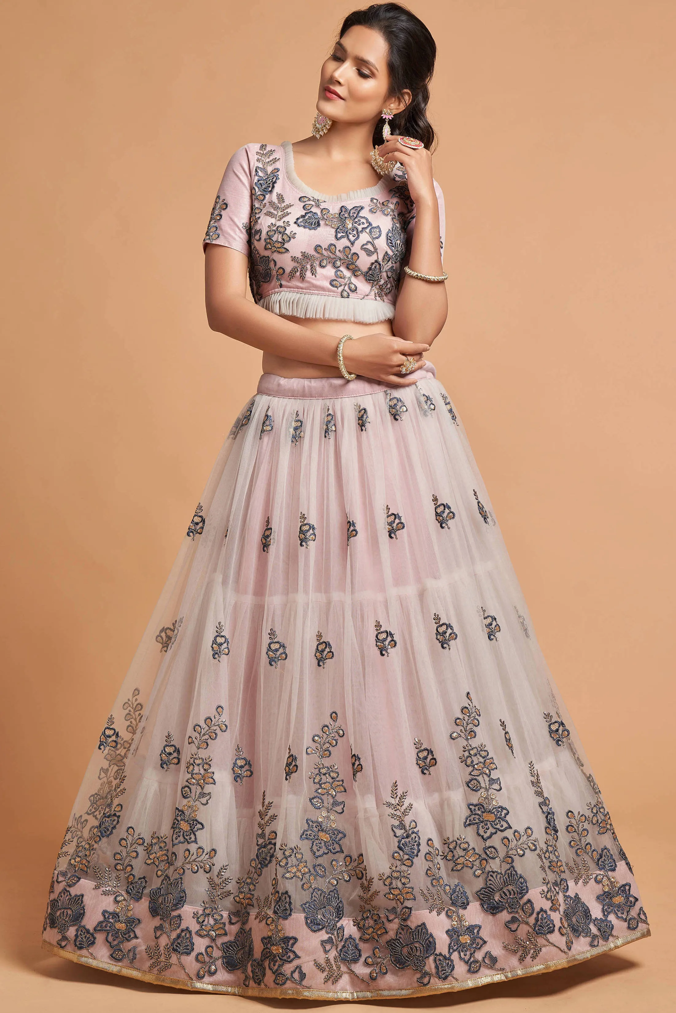 Stunning Grey Zari Embroidered Net Wedding Wear Lehenga Choli