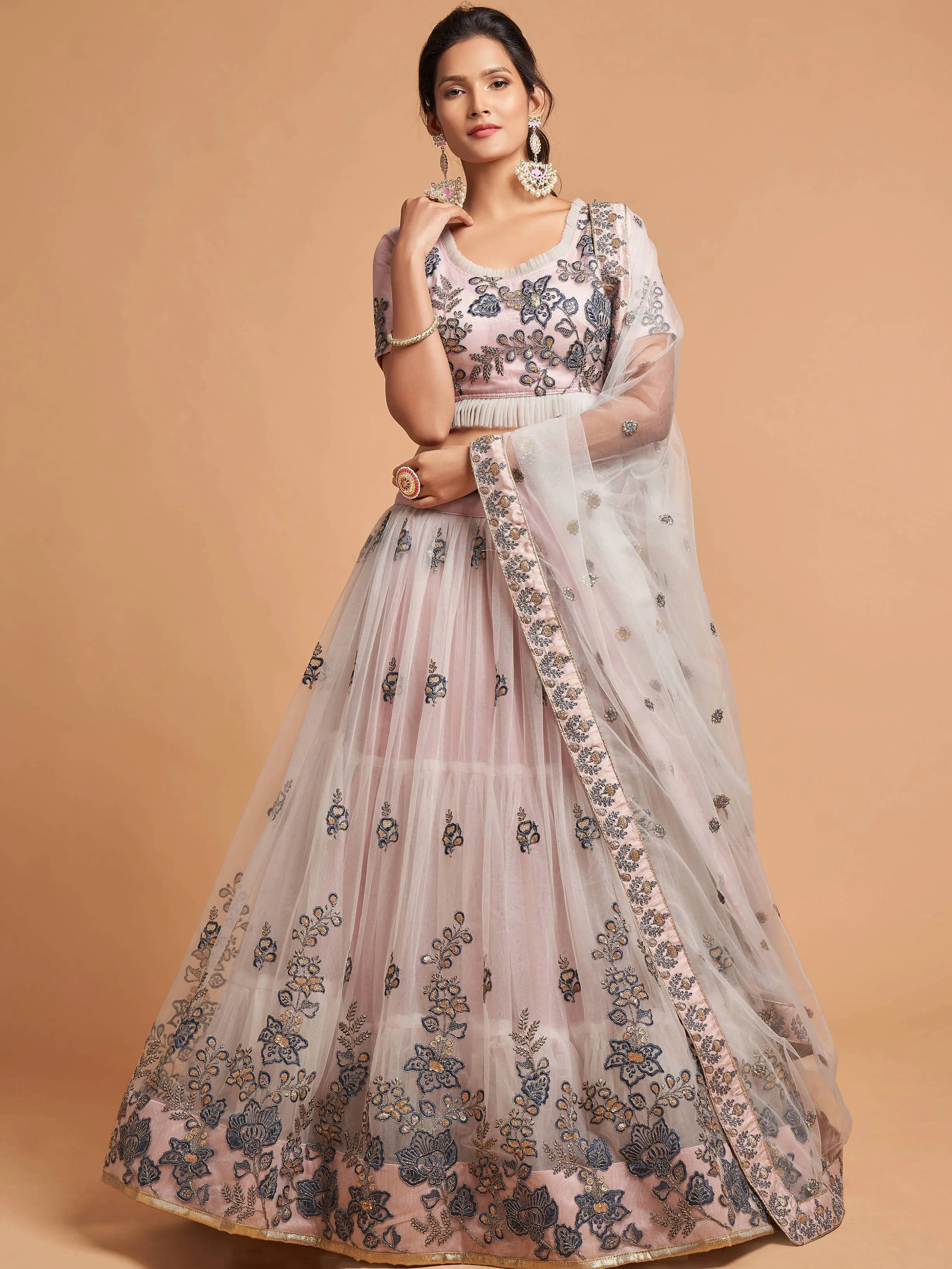 Stunning Grey Zari Embroidered Net Wedding Wear Lehenga Choli