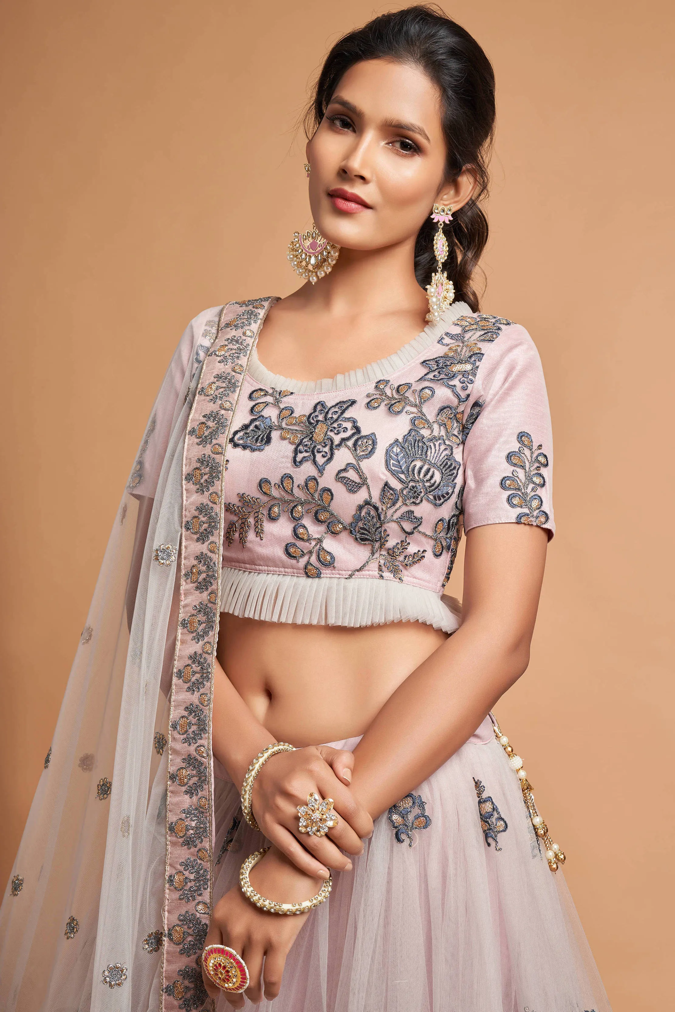 Stunning Grey Zari Embroidered Net Wedding Wear Lehenga Choli