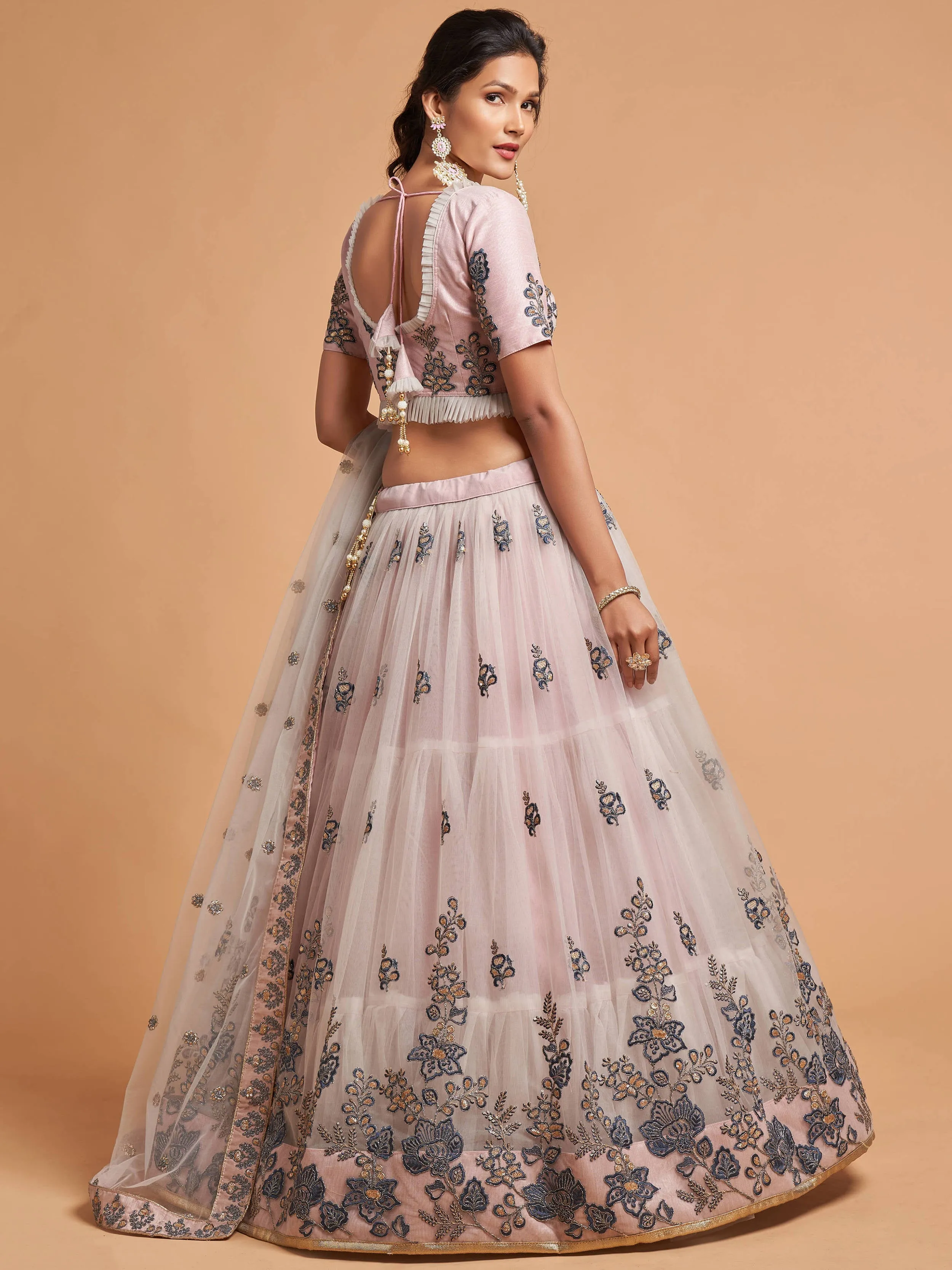 Stunning Grey Zari Embroidered Net Wedding Wear Lehenga Choli