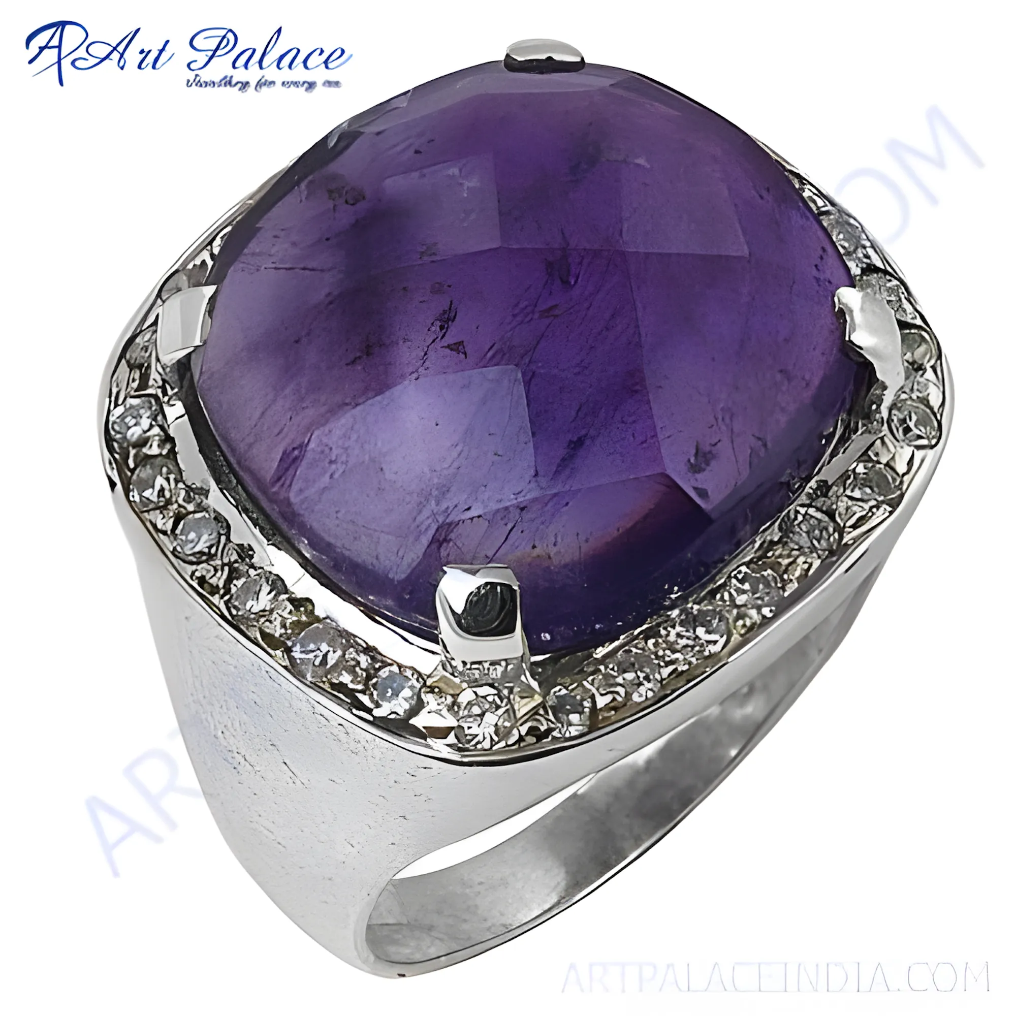 Stunning Large Amethyst CZ Gemstone Silver Ring - Elegant Jewelry